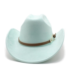 Detail of mint green western cowboy hat with leather band and gold buckle on white background