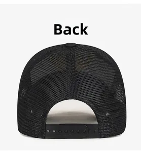 Detail of adjustable snapback closure and breathable mesh back on the black trucker hat