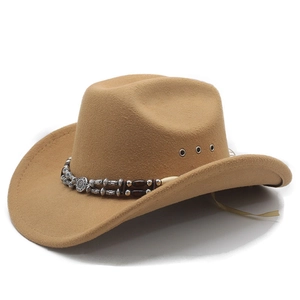 Detail of khaki felt cowboy hat with breathable eyelets and vintage silver bead hatband