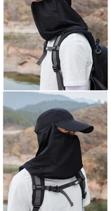 Detail of black sun hat with neck flap and face cover for outdoor hiking protection