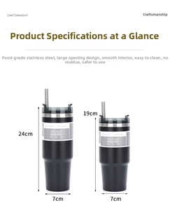 Detail view of 30oz and 20oz vacuum insulated stainless steel mugs with dimensions