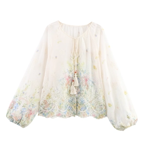 Femme Mousseline Broderie Blouse Imprimé Fleuri Manche Lanterne Boho Gland Col Rond Ourlet Dentelle Haut Doux Élégant