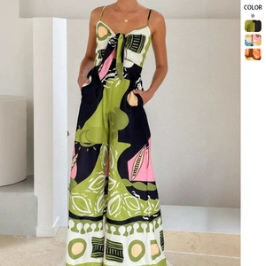 Women Sleeveless Jumpsuit Polyester Tie Front High Waist Wide Leg Bohemian Digital Print Summer Vacation Casual Fashion