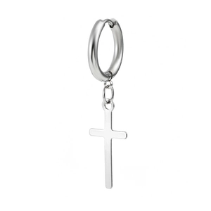 Punk style silver stainless steel hoop earrings with cross pendant for men and women