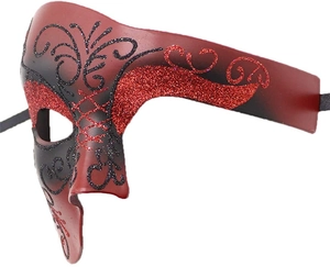 Dettaglio della maschera veneziana sfumata rosso-nero con motivi glitter e elastico