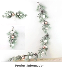 Close-up of frosted pine needles with champagne gold ornaments and natural pine cones