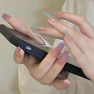 Long Ballerina Press On Nails Ombre Gradient Purple Blue Marble Pattern Glossy Full Cover False Nails For Women