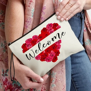 Trousse à maquillage en toile avec motif cœur de roses, fermeture éclair et dragonne