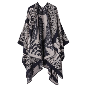 Ethnic paisley cashmere feel shawl with navy blue and beige floral pattern for women
