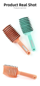 Detail of curved vent hairbrush with boar bristles and non-slip handle in two colors