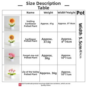 Detailed size chart for handmade knitted Lily of the Valley and Sunflower potted plants