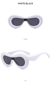Front and side views of Y2K retro thick frame white sunglasses with black lenses