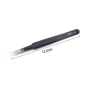 Detail of ESD-13 anti-static black stainless steel tweezers with protective tip cover