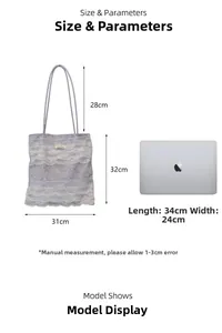 Size guide for large purple lace tote bag with measurements and laptop comparison