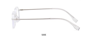 Seitenansicht der schmalen Sonnenbrille mit transparentem Rahmen und Metallbügeln