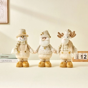 Nordic Christmas dolls set featuring Santa, Snowman and Reindeer in gold and cream tones