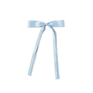 Detail showing high-quality light blue satin ribbon bow with smooth glossy texture