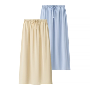 Beige and light blue 2-piece long skirts set with elastic waist and drawstring detail