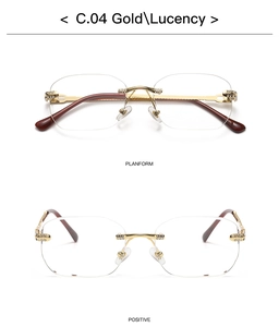 Detail view of gold rimless diamond sunglasses showing planform and positive angles