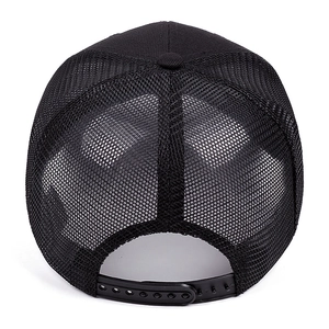 Black mesh trucker hat with mountain pine embroidery and adjustable snapback closure