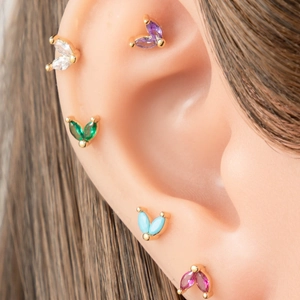 Marquise leaf stud earrings with multi-color gemstones on gold stainless steel base