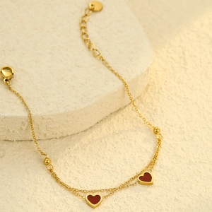 Double-layered gold stainless steel bracelet with red enamel hearts and gold beads