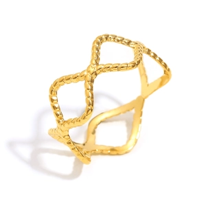 Minimalist 18K gold plated wavy twisted ring with polished textured metal on white base