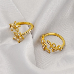 Stainless Steel Ring 18K Gold Plated Flower Leaf Zircon Micro Pave Open Adjustable Jewelry For Women