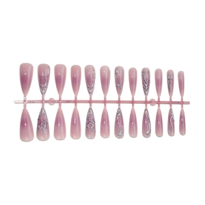 Faux ongles amande dégradé rose avec vagues argentées 3D, lot de 24 pièces élégantes
