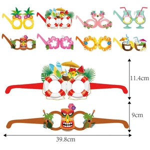Set of 8 Hawaiian party glasses featuring flamingo and pineapple designs with dimensions