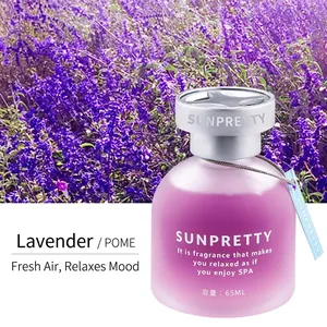 Close-up of 65ml lavender liquid car air freshener with a purple frosted glass bottle
