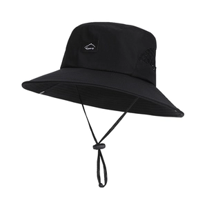 Outdoor breathable black sun hat with wide brim and adjustable windproof rope for hiking