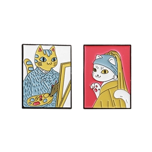 Creative Van Gogh and Vermeer cat oil painting enamel pins in zinc alloy set