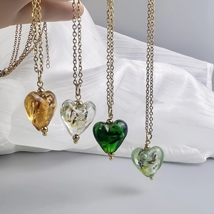 French retro glass heart pendant necklaces with gold foil in various colors and gold chains
