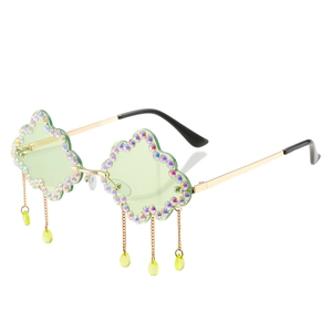 Cloud Shaped Rimless Sunglasses With Rhinestone Trim And Tassel Pendants UV400 Protection Metal Frame Fashion Party For Women
