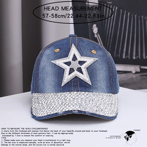 Casquette de baseball en denim bleu avec étoile en perles et strass, taille 57-58cm, chic