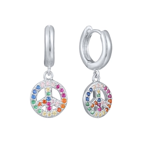 Silver peace sign earrings with colorful pave zircon stones shown from two angles
