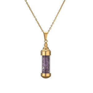 Golden perfume bottle pendant necklace with purple amethyst stone crystals in glass vial