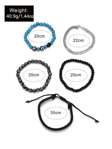 Detailed set of 5 mixed hip-hop bracelets including beaded, Cuban chain, and leather styles
