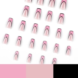 French pop art press-on nails with pink base and black cartoon outlines set