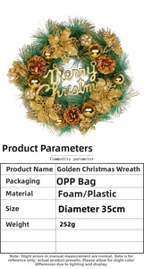 Detail showing 35cm golden Christmas wreath with pine cones and Merry Christmas sign