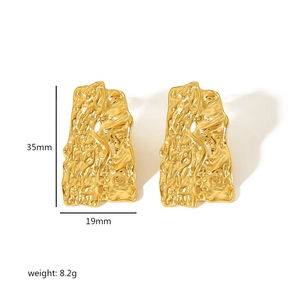 Detail view of 18K gold plated geometric earrings with textured metal foil finish