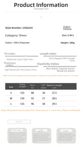 Size chart for V-neck floral dress with polyester fabric details and measurements