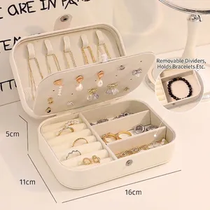 Portable cream leather jewelry box with necklace hooks and ring slots 16x11x5cm