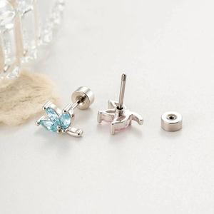 Leaf zircon screw back earrings in silver metal with pink and blue crystals