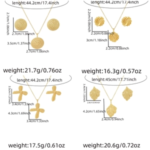 Detailed size chart for four gold textured metal heart and leaf jewelry gift sets