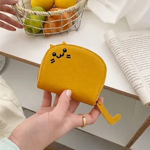 Cute yellow cat shaped card holder in litchi grain leather with cat face embroidery