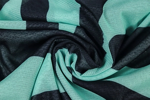 Close-up of breathable mint green and black striped mesh fabric with soft texture