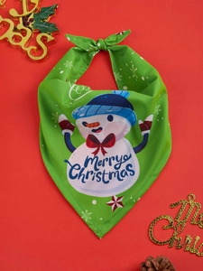 Detailed view of a green Christmas pet bandana featuring a snowman and Merry Christmas text