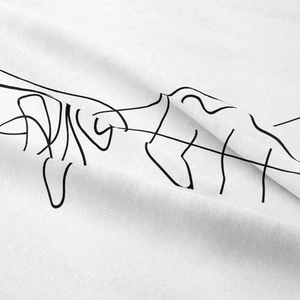 Minimalist black line art tapestry with hand-touching design on white textured fabric